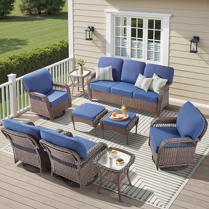 9 Pieces Patio Furniture Set Swivel Chairs, Rattan 3 Seater Sofa with Ottomans Wicker Side Table High Back Outdoor Seating Furniture Conversation Sets for Sunroom Porch Backyard, Blue
