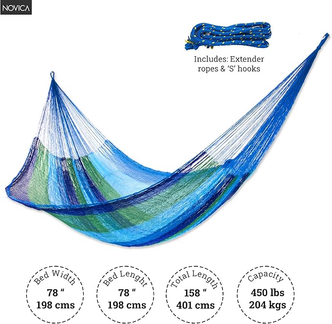 NOVICA Artisan Handmade Hammock Double Mayan Rope Style Nylon in Mexico Blue Striped Beach Bonfire [Bed Size 78in L x 78in W Total Length 158in L] ' Sea Breeze' Double