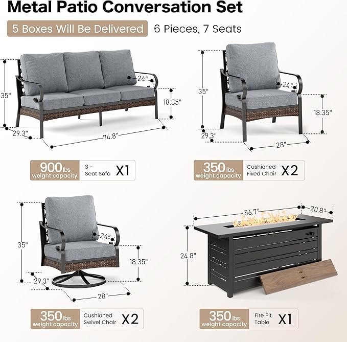 6 Piece Black Metal Outdoor Patio Furniture Sets with Firepit Table, Patio Conversation Sets 1 3-Seater Sofa, 2 Leg Sofa and 2 Swivel Chair with 5.75" Cushion for Backyard Deck, Gray
