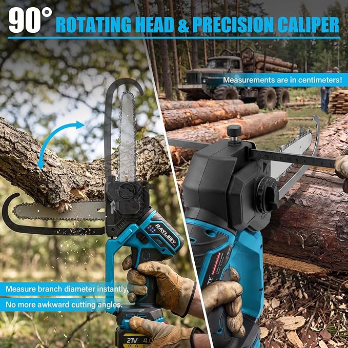 8-Inch Battery Chainsaw Cordless Mini Chainsaw 640W Brushless Electric Chainsaw 13m/s 2x4000mAh Batteries Built-in Caliper 90° Rotating Head 3.75lb Small Battery-Powered Chainsaw Pruning