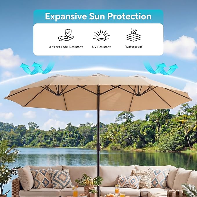 COSIEST 13FT Patio Umbrella with Solar Lights, Outdoor Double-Sided Table Umbrella,Large Rectangular Market Umbrella w Crank Handle for Garden, Pool, Deck Shade, Khaki