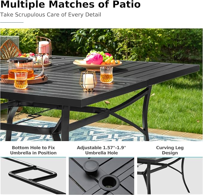 MFSTUDIO 9-Piece Patio Dining Set, 57.5" Square Metal Table, Fixed Chairs | Umbrella Hole, All-Weather Use