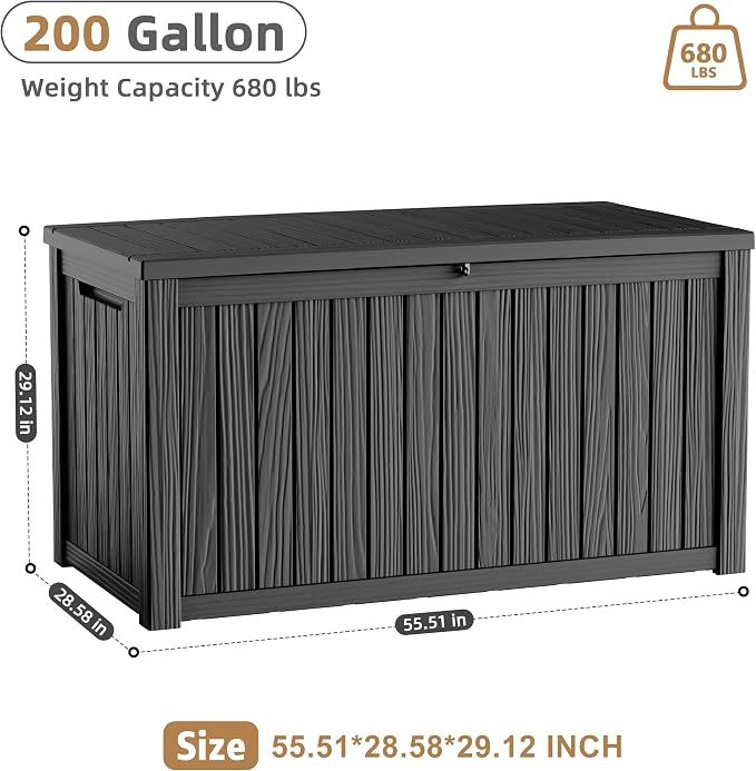 Vixzen 200 Gallon Deck Boxes Outdoor Waterproof, Large Resin Lockable Storage Box with lid for Patio Furniture Cushions, Weatherproof Outdoor Storage Boxes for Garden Tools & Pool Accessories(Black)