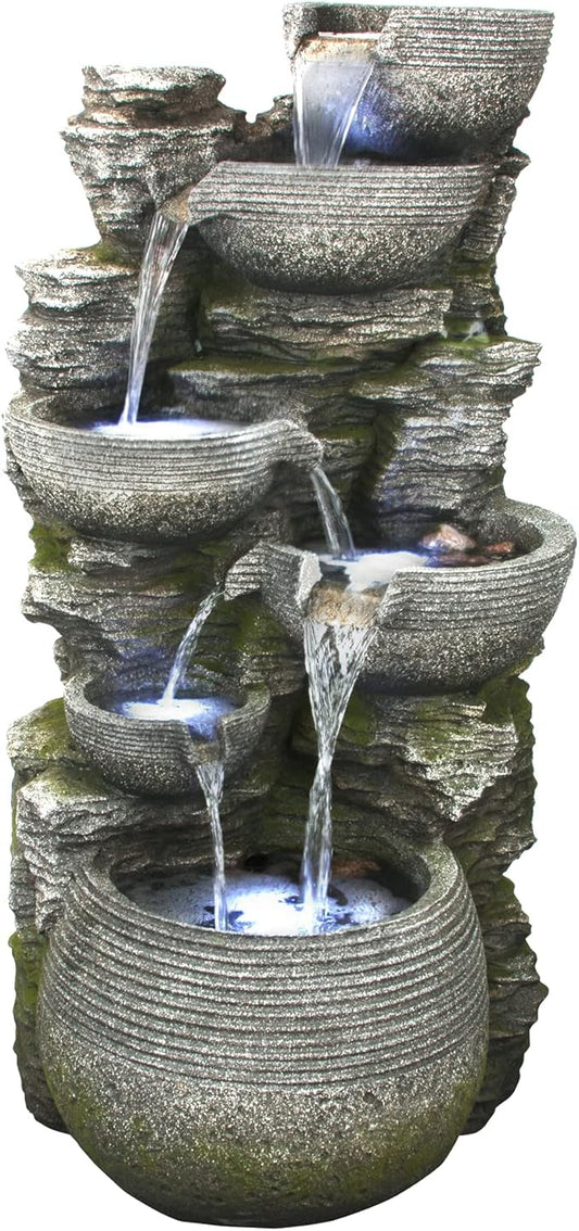 Litedeer 6 Tiered Cascading Stone Water Fountain with LED Lights & Auto-Pump – XL 40-Inch Tall Outdoor Garden & Home Office Fountain (Model: DGF-173012, Grey)