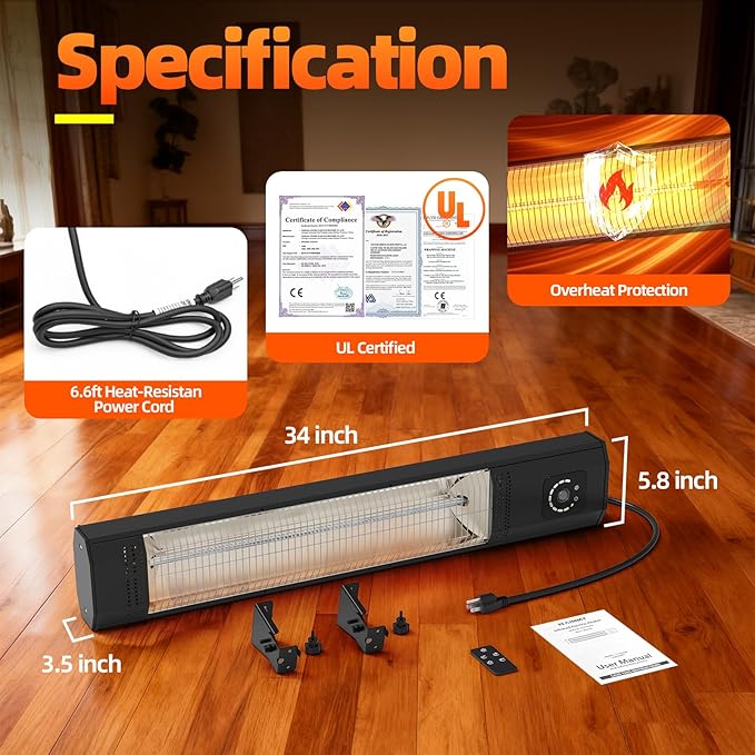Wall-Mounted 34" 1500W Infrared Electric Patio Heater with Remote & Motion Sensor, 9 Heat Levels, 9H Timer, IPX5 Waterproof for Indoor Outdoor Use Garage Backyard Deck Porch Patio Heaters
