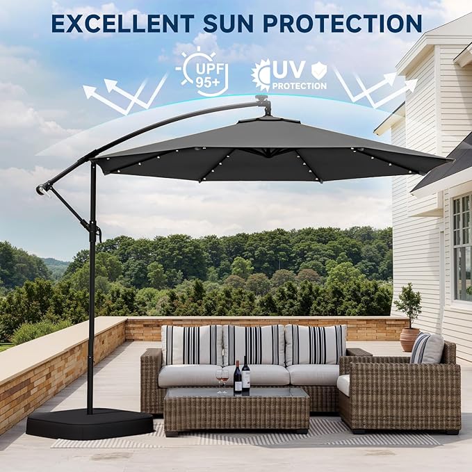 10FT 40-LED Solar Lighted Patio Umbrella with Base Included, Outdoor Offset Cantilever Umbrella, Infinite Tilt, UV Protection for Backyard, Lawn, Garden & Pool