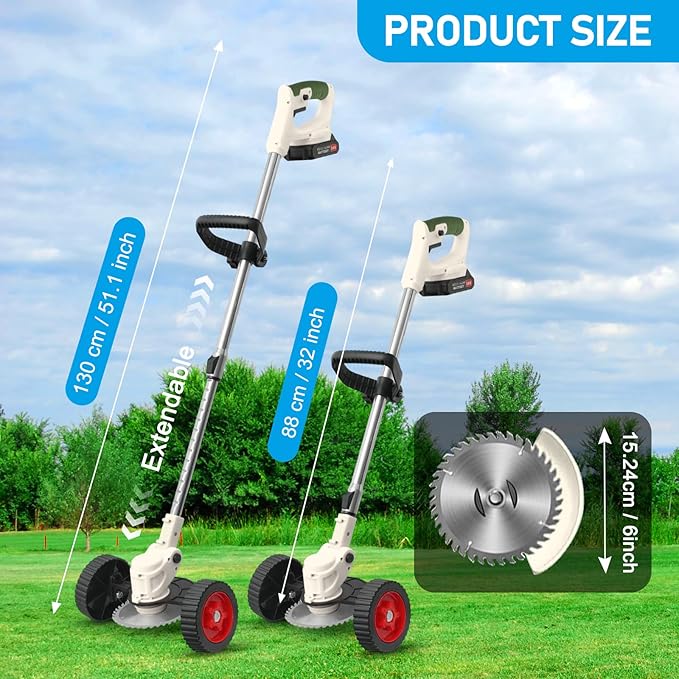 ALSO GO Cordless Weed Wacker Electric Grass Trimmer 24V Battery Powered Weed Trimmer, 3-in-1 Brush Cutter Weed Cutter Lawn Edger with 5 Types Blade & Wheels Lightweight for Garden and Yard Lawn-White
