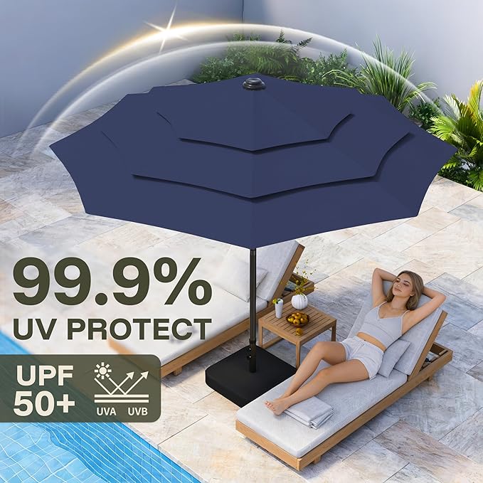 GDPFN 10FT Patio Table Umbrella Outdoor, 3 Tier Tilting Vented Windproof Market Umbrella for Outside, Outdoor Sun Shade for Inside of Pool, Deck, Backyard, Garden, Navy Blue (No Base)