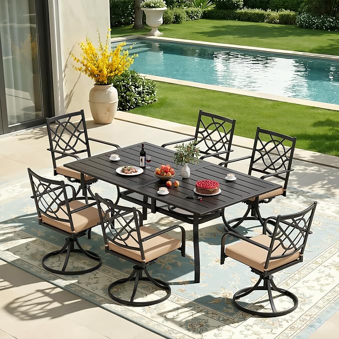 7 Piece Patio Dining Set Outdoor Furniture Set, Rectangular Metal Patio Dining Table with Umbrella Hole & 6 Swivel Dining Chairs for Garden Lawn Yard