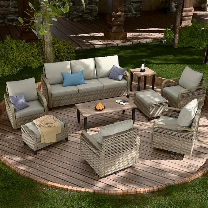 COOS BAY Modern Wicker Outdoor Furniture Set, 9 Piece Patio Conversation Set with 4 Swivel Rockers, a 3 Seat Couch, 2 Ottomans, Coffee Table & Side Table, 9 Piece, Brown/Gray