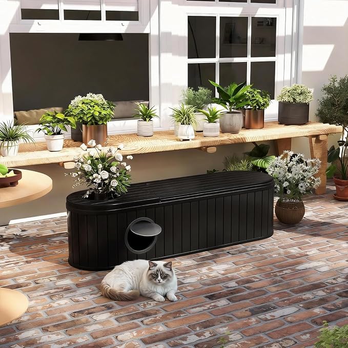 60 Gallon Storage Bench Deck Box Resin Patio Furniture with Armrest, Waterproof and UV Resistant Lockable for Patio Furniture, Garden Decor and Outdoor Seating for Cushions, Garden Tools