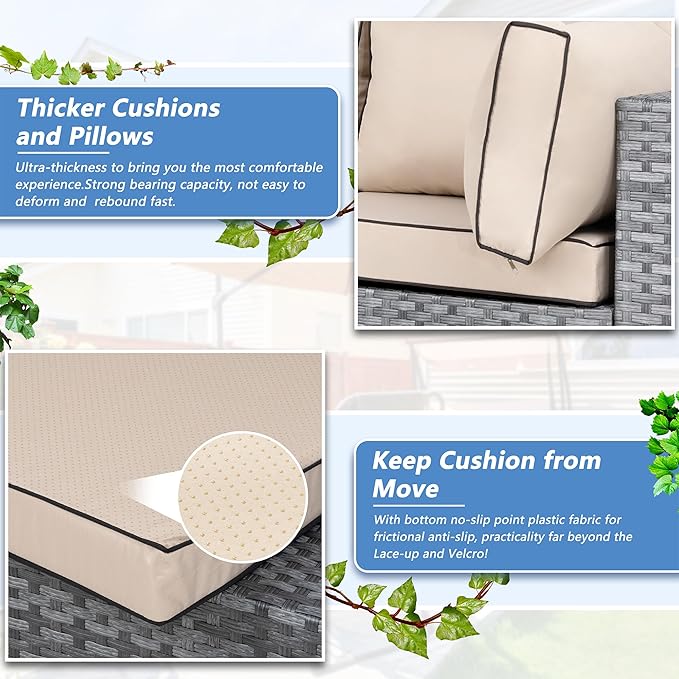 Patio Furniture Sets, 5 Piece Outdoor Sectional Sofas, Wicker Rattan Outdoor Furniture Patio Conversation Set, All-Weather PE Rattan Outdoor Couch for Backyard, Garden, Gray & Khaki