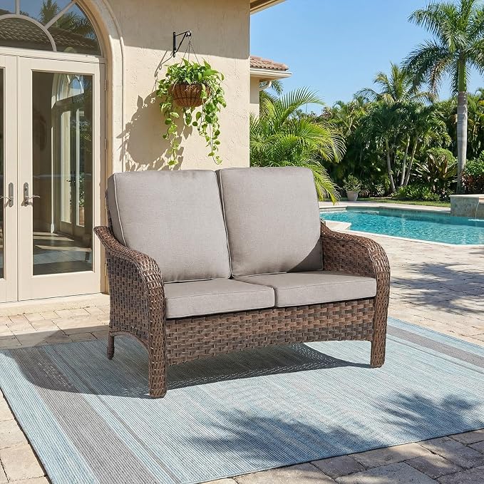 Outdoor Patio Loveseat, All-Weather Hand-Woven PE Wicker 2 Seat Sofa with Thick Cushions, High Back & Deep Seat, Ergonomic Design for Porch, Deck, Balcony, Garden, and Backyard(Beige)
