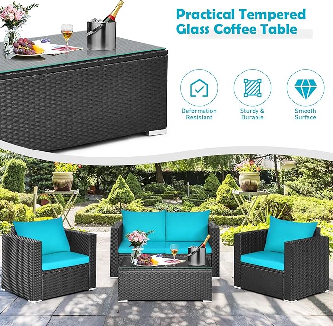 COSTWAY 4-Piece Patio Rattan Furniture Set, Cushioned Sofa Chair, Loveseat and Coffee Table with Tempered Glass Top, Outdoor Conversation Sets for Garden Poolside Balcony Porch (Turquoise)