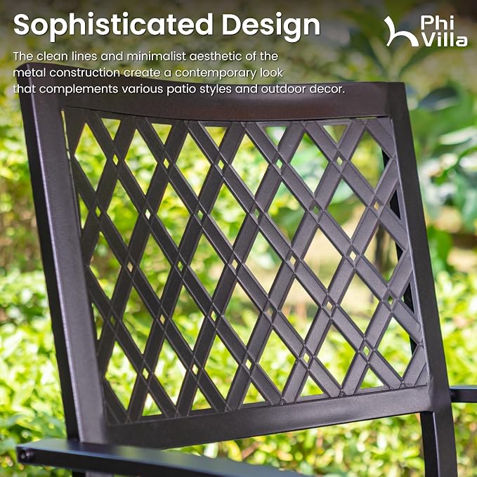 PHI VILLA 7 Pcs Outdoor Dining Set, 54" Round Table& Stackable Chairs | Wrought Iron Dining Table with Umbrella Hole,Ppatio Dining Furniture Set for Patio, Deck, Backard, Porch