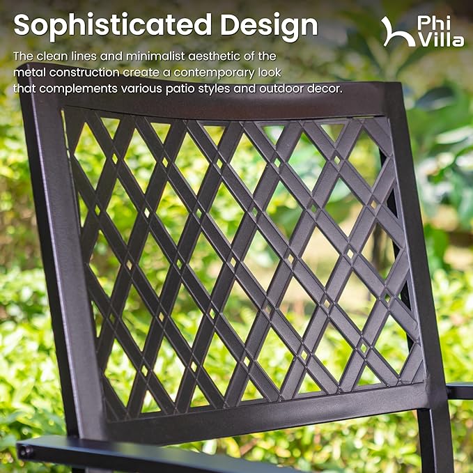 PHI VILLA 7 Piece Outdoor Dining Set for 6, 60” Rectangular Black Metal Table with Umbrella Hole & Stacking Wrought Iron Chairs, Large Outside Furniture Set for Patio, Deck, Porch, Backyard