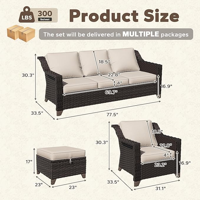 5 Pieces Patio Conversation Furniture Set - 1 Sofa, 2 Armchairs, 2 Ottomans, Outdoor Wicker Furniture with Removable Cushions for Porch, Balcony, Sunroom (Beige)