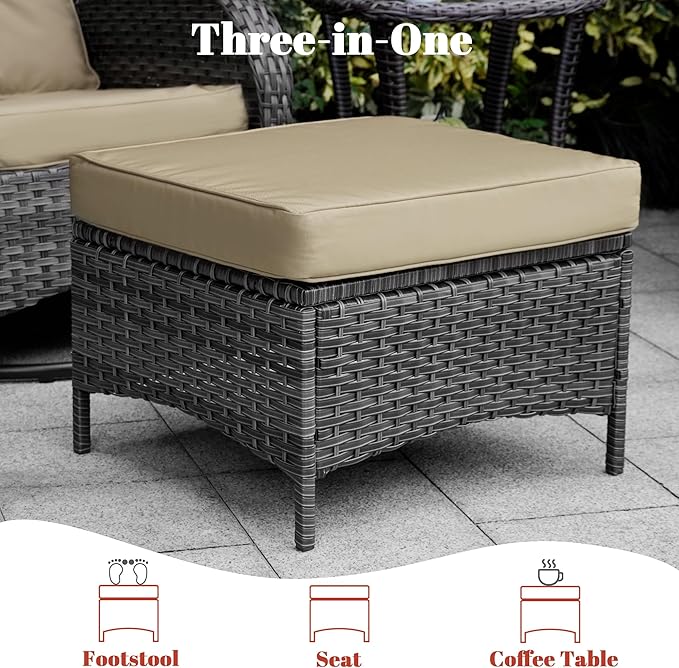 Patio Furniture Conversation Set with Ottomans, 5 Piece Wicker Patio Swivel Rocking Chairs with 360° Swivel Glider and Glass Coffee Table for Porch, Deck, Garden,Beige