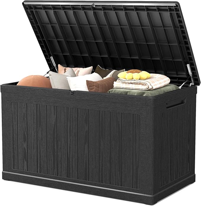 Skepphlay 230 Gallon Deck Box Large Outdoor Storage Box, Black Waterproof Deck Storage Bench, 440 lbs Load Capacity Outdoor Storage Bin for Garden, Patio, Pool, Boat