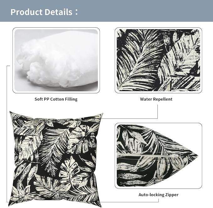 Outdoor Pillows with Insert 18x18 Inch, Waterproof Throw Pillow for Patio Furniture, Decorative Back Cushion for Garden Home Sofa Office Chair, Set of 2, Tropical Leaf Black
