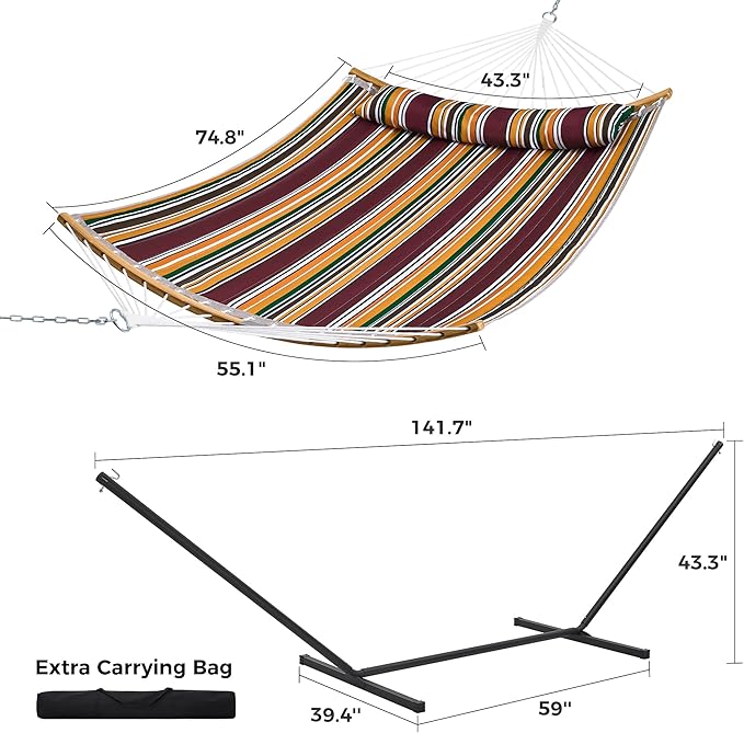 SUPERJARE Hammock with Stand, 2 Person Heavy Duty Hammock Frame, Detachable Pillow & Strong Curved-Bar & Portable Carrying Bag, Perfect for Outdoor & Indoor - Maple-Leaf Red
