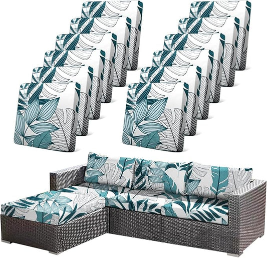 CALBODE 12Pcs Stretch Patio Cushion Cover Outdoor Cushion Cover Replacement Slipcovers Indoor and Outdoor Chair seat Covers Blue Botanical Print Patio Furniture Protector(Cover Only)