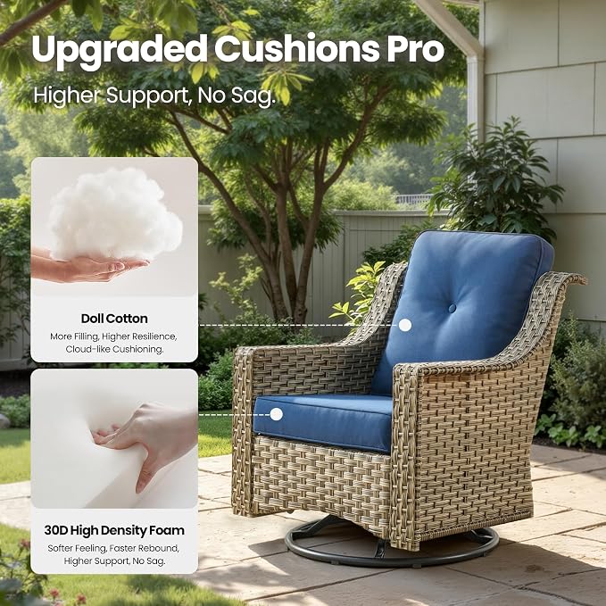 4 Piece Patio Furniture Set with Solar Light Coffee Table, Heavy Duty Wicker High Back Sofa Chairs with Thick Cushion, Small Outdoor Conversation Sets for Backyard Garden Porch, Navy Blue
