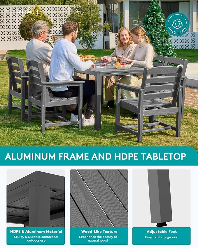 SERWALL 60" - 83" Expandable Outdoor Dining Table and 6 HDPE Chairs, Grey | Outdoor Dining Set for 6, All Weather Aluminum and HDPE Outdoor Furniture Set, Extendable Patio Dining Table