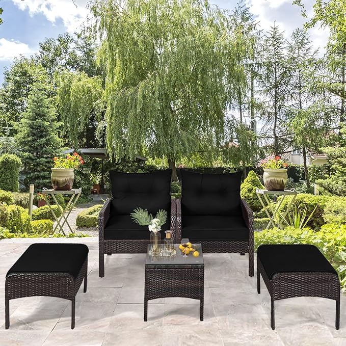HAPPYGRILL 5 Pieces Patio Furniture Set Outdoor Rattan Wicker Conversation Set with Coffee Table Cushioned Sofas and Ottoman Chat Set for Garden Backyard