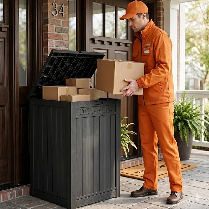 Outdoor Storage Box, 70 Gallon Package Delivery Boxes for Outside, with Lockable Secure, Deck Box Outdoor Waterproof for Entryway, Front Porch, Backyard, Garden, Patio, Lawn, Black