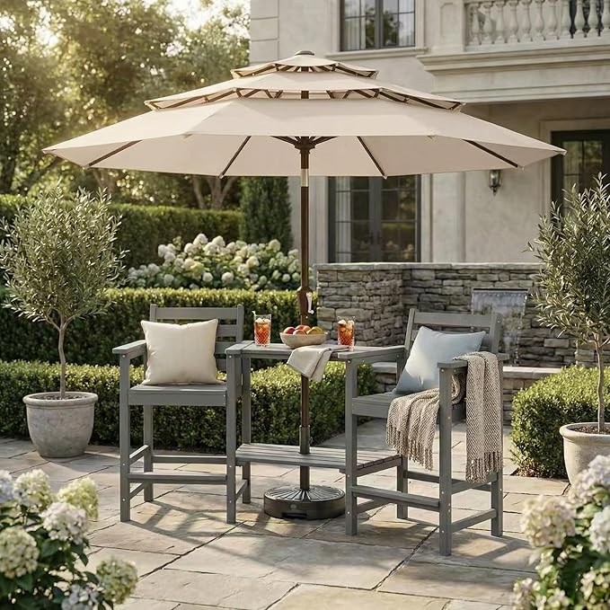 Kingdura 9ft 3-Tier Patio Umbrella, Outdoor Table Umbrella with Easy Crank & Tilt, 8 Reinforced Ribs, UV Protection for Deck, Pool, Market, Backyard (Beige)