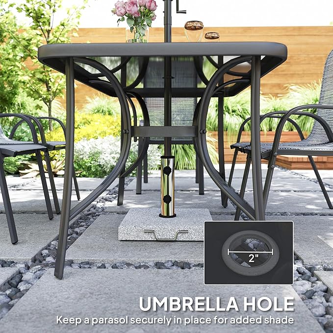 Outsunny 8 Pieces Patio Table and Chairs Set with 9 Ft Patio Umbrella, Outdoor Dining Set with 4.6 Ft Dining Table and 6 Chairs, Push Button Tilt and Crank Parasol, Tempered Glass Top, Mixed Gray