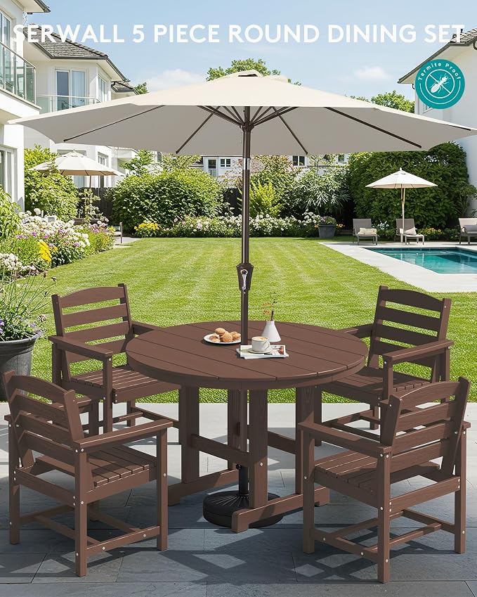 SERWALL 5-Piece Patio Dining Sets, HDPE Outdoor Table and Chairs Furniture Set, 45" Round Dining Table and 4 Dining Chairs, Coffee