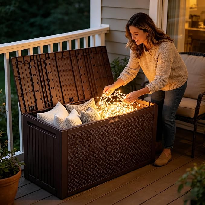 90 Gallon Large Outdoor Storage Box, Indoor and Outside Deck Box with Lockable Design Lids, Waterproof Resin Storage Containers Bin for Garden, Garage, Patio, Poolside, Toy Storage Brown