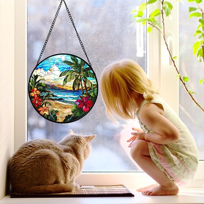 DASTOLL Stained Glass Window Hanging, Blue Beach Scenery Suncatcher Diamond Glass Panel Hangings Sun Catchers Decor for Birthday for Women, Men, Wife, Aunt, and Mom 9.8 in