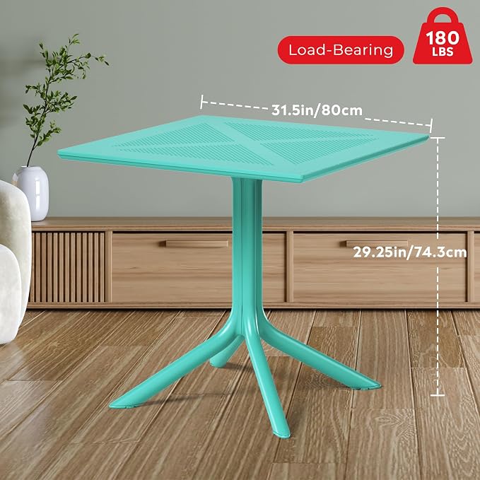 Costaelm Patio Dining Table for 4, Square PP Patio Table, 4-Person Weather Resistant Porch Tables for Outside Poolside Deck Lawn Garden Backyard, Turquoise