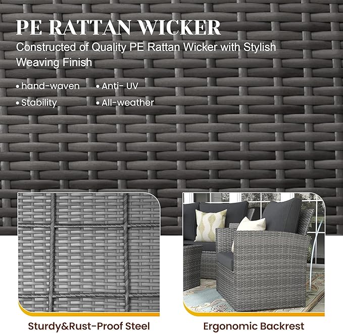 4-Piece Outdoor Patio Furniture Set, All Weather Wicker Rattan Sectional Sofa Conversation Seating Set with Cushions & Large Glass Coffee Table, Ideal for Garden Backyard Porch, Dark Grey