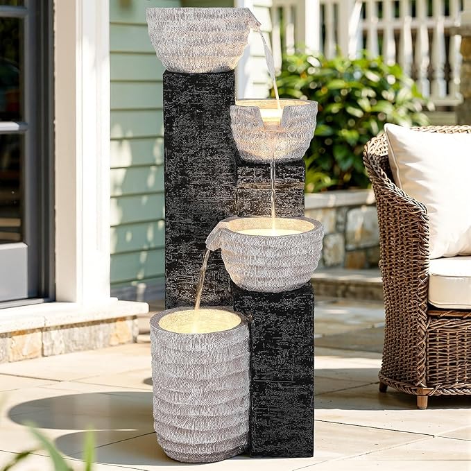 40" H Multilayer Cascading Outdoor Water Fountain with LED Lights & Pump, Sand-Textured Polyresin Freestanding Garden Fountain for Tranquil Garden, Patio or Porch