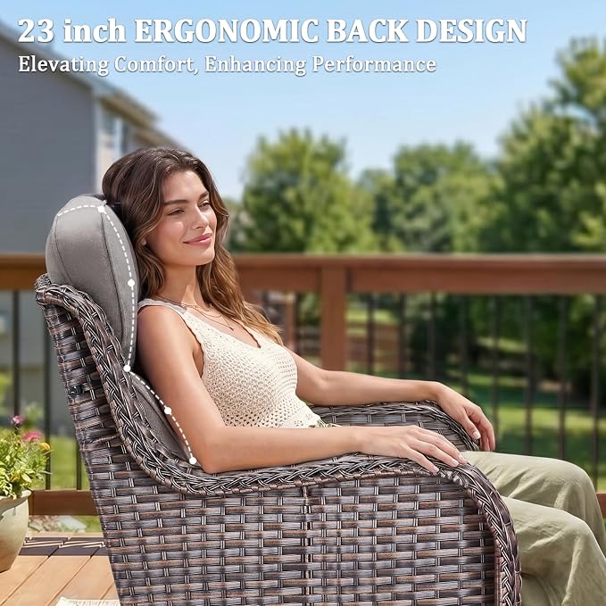 Luxury Swivel Rocker Chairs Set with 6" Thick Cushion - Wicker Outdoor Swivel Rocker Patio Chair High Back Comfortable Outdoor patio furniture set Glider Chairs set - Brown Wicker | Grey Cushions