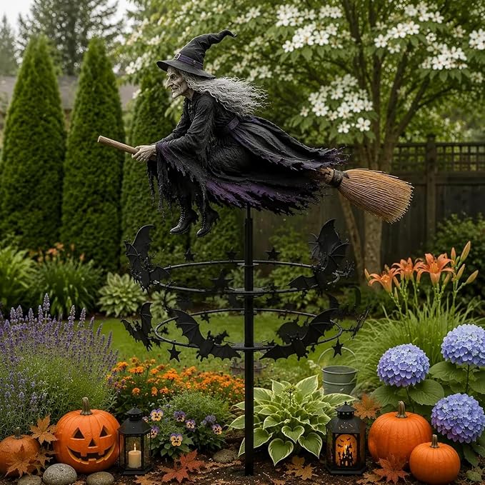 The Enchanted Witch Garden Wind Spinner, Metal Halloween Yard Art Outdoor Decor, Outdoor Garden Stake Decoration, Halloween Lawn Ornament, for Garden Patio Pathway Fall Decorations (2PCS)