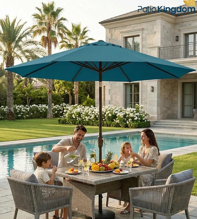 PatioKingdom 9FT Patio Outdoor Umbrella-UPF 50+ Sun Shade with Wind Vent, Push-Button Tilt & Smooth Crank Lift, Rust-Resistant Fiberglass Frame for Garden, Backyard,Yard (Lake Blue)