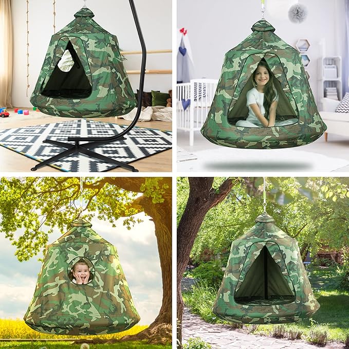 AthLike Hanging Tree Tent for Kid, Indoor Outdoor Hanging Tent, Waterproof Tree Ceiling Pod, Portable Hang Out Huggle Pod Play Tents w/Rainbow Lights String, Inflatable Base, 45" H x 44" W 330lbs