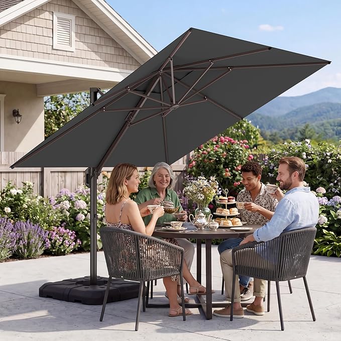 GENTEACO 10X10 FT Cantilever Umbrella, Large Offset Patio Umbrella with 6 Angle Tilts & 360° Rotation, Large Square Sun Umbrellas for Outdoor Patio Pool Deck Market, Grey