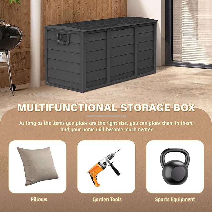 75 Gallon Outdoor Deck Storage Box – Heavy Duty Resin with Lockable Lid,UV Resistant for Patio Furniture, Garden Tools,Black