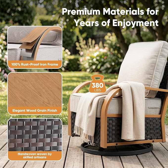 Belord 5 Piece Patio Furniture Set with Fire Pit Table, 4 Outdoor Swivel Chairs All Weather Conversation Set with 6-Inch Thick Cushions, Wicker Furniture for Deck Proch Pool Yard, Wood & Beige
