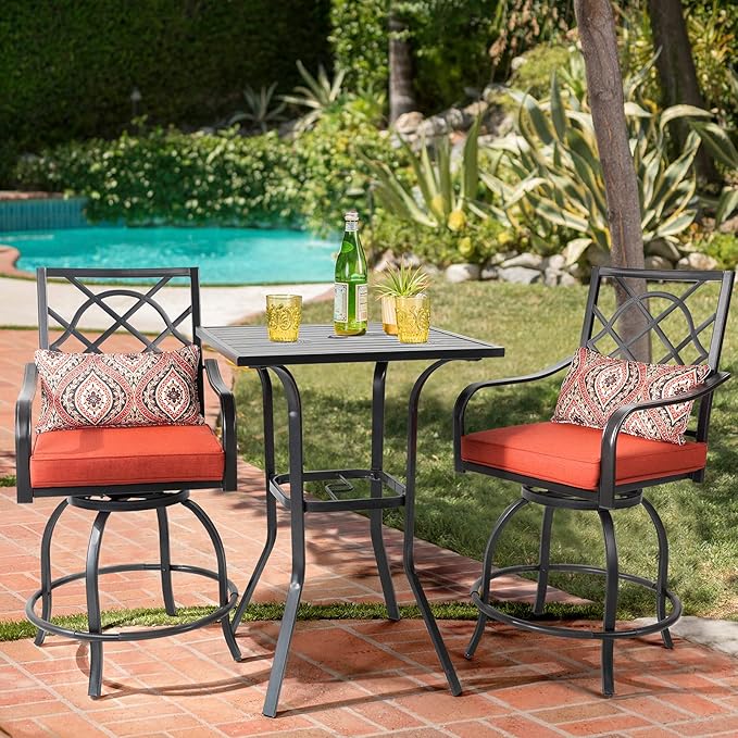 Patio Height Bar Table, Outdoor Bistro Square High Top Dining Table with 1.57'' Umbrella Hole & Steel Slat Table Top (Black)