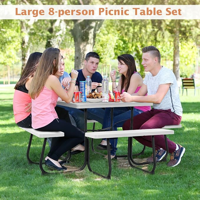 Giantex Picnic Table Set for 8 Persons, Outdoor Table and Bench with Umbrella Hole, HDPE Top & Metal Frame, 500LBS Capacity, Square Patio Table Bench for Deck Backyard Garden (White)