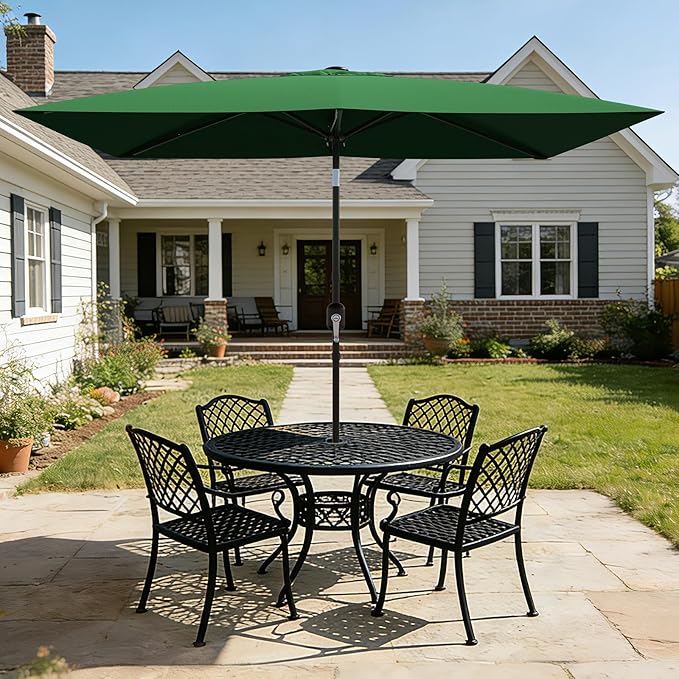 Garvee 10' x 6.5' Rectangular Patio Umbrella, Outdoor Table Umbrella with Crank and Push Button Tilt, Market Umbrella Sun Umbrella with 6 Sturdy Ribs Tilt for Garden, Deck, Lawn, Pool -Dark Green