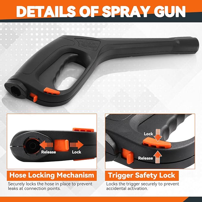 High Pressure Washer Spray Gun Replacement, Locking Hose & Safety Trigger, Compatible with Portland Husky Black Decker Ford Pulsar ShopForce Taskmaster Electric Pressure Washers, 2000 PSI