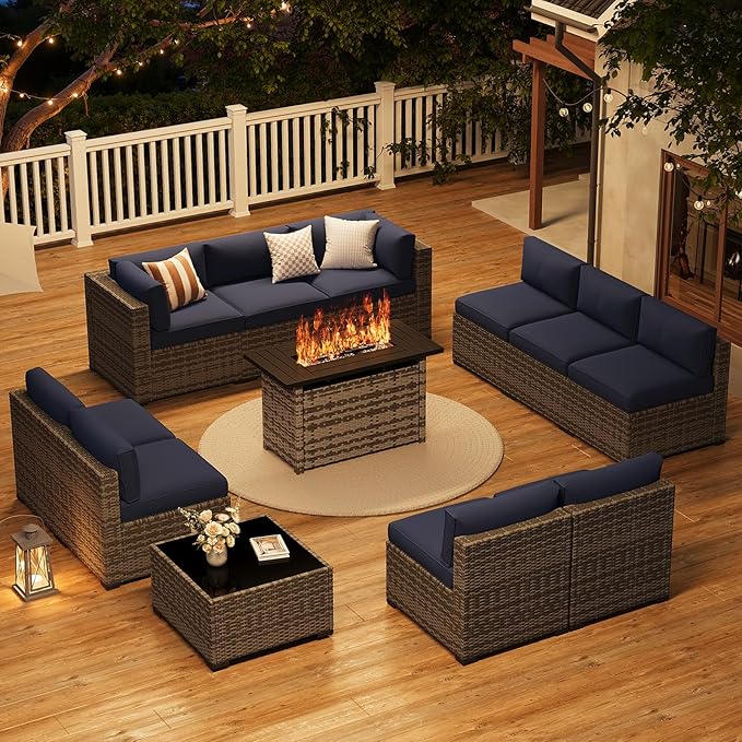 LazySunsets 12-Piece Patio Furniture Set with 44" Fire Pit Table, Wicker Outdoor Furniture, Patio Conversation Sets with Coffee Table, Outdoor Sectional Couch with Waterproof Cover, Blue
